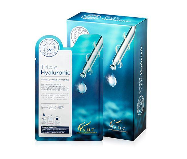AHC Triple Hyaluronic face mask packaging displayed on a white background.
